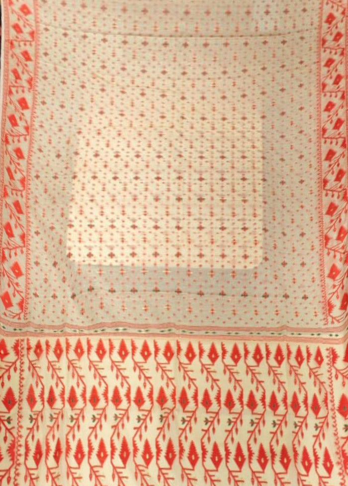 Cream Jamdani Cotton Saree Without Blouse Piece