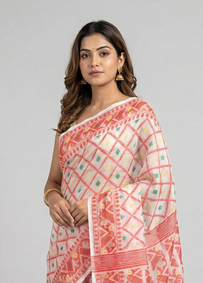 Cream Jamdani Cotton Saree Without Blouse Piece