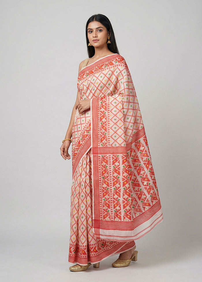 White Jamdani Cotton Saree Without Blouse Piece