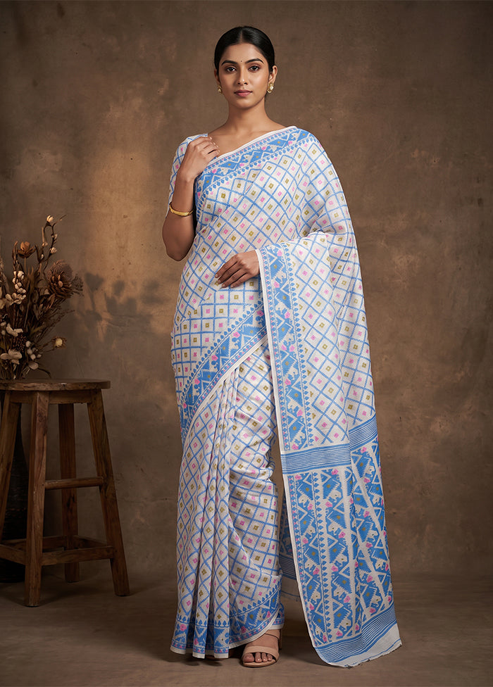White Jamdani Cotton Saree Without Blouse Piece