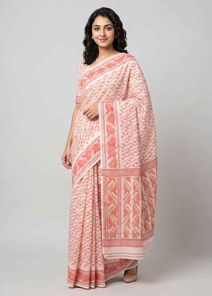 Cream Jamdani Cotton Saree Without Blouse Piece