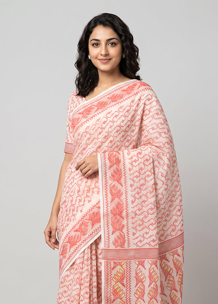 Cream Jamdani Cotton Saree Without Blouse Piece
