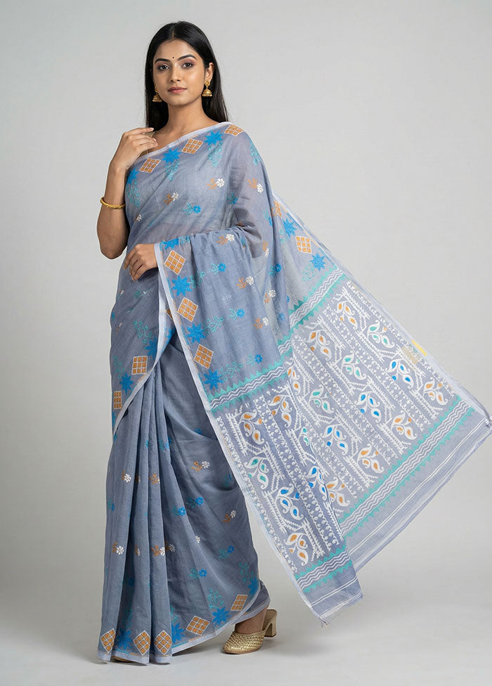 Blue Jamdani Cotton Saree Without Blouse Piece