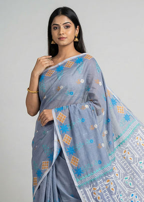 Blue Jamdani Cotton Saree Without Blouse Piece