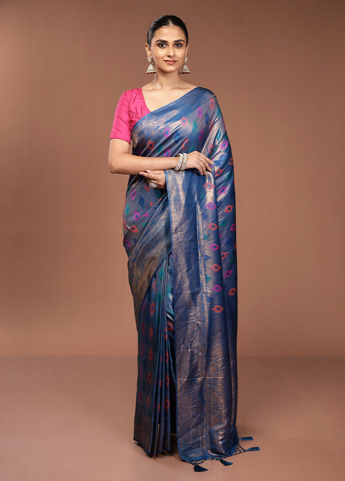 Blue Dupion Silk Saree With Blouse Piece