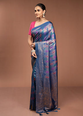 Blue Dupion Silk Saree With Blouse Piece