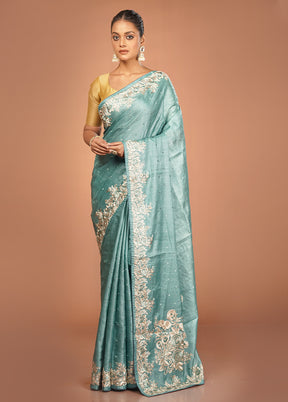 Green Handloom Tussar Pure Silk Saree With Blouse Piece