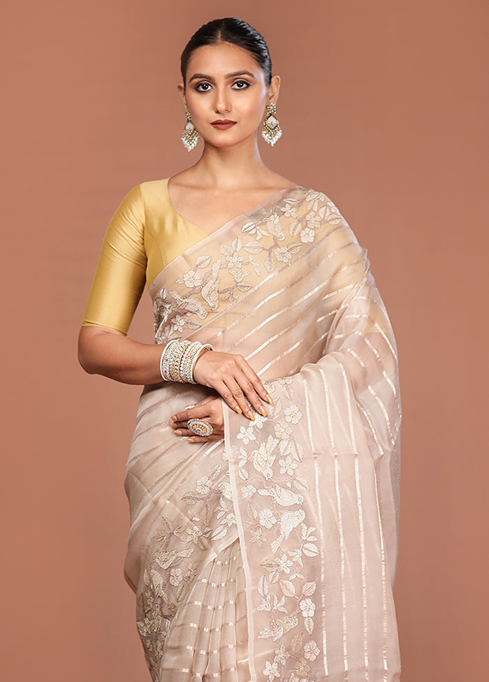 Cream Handloom Pure Organza Saree With Blouse Piece