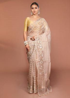 Cream Handloom Pure Organza Saree With Blouse Piece