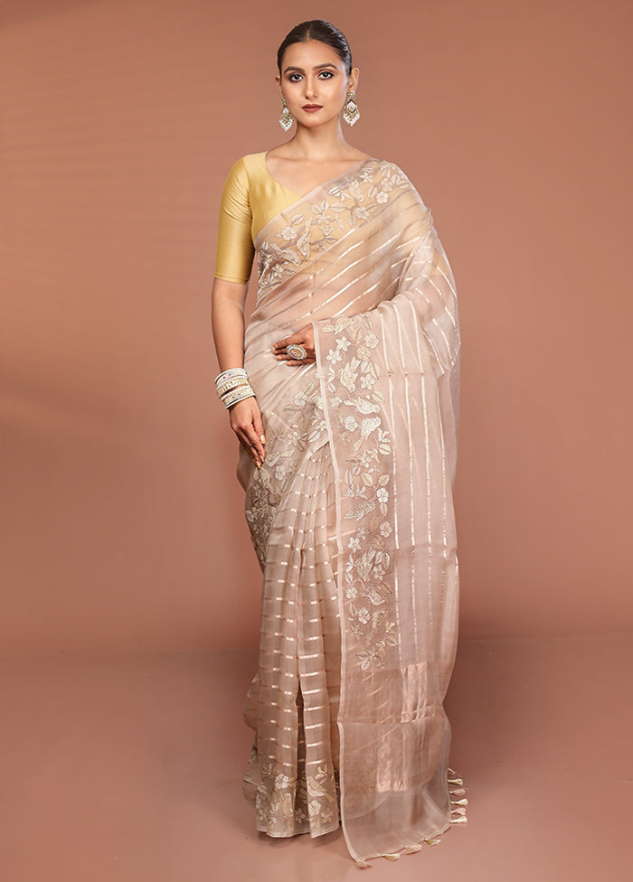 Cream Handloom Pure Organza Saree With Blouse Piece