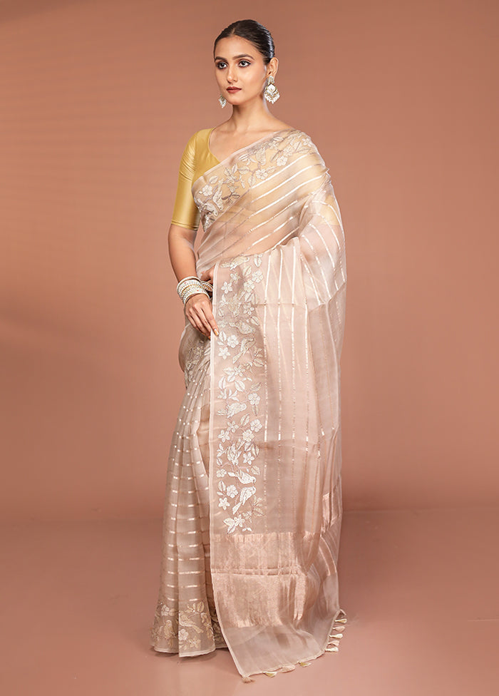 Cream Handloom Pure Organza Saree With Blouse Piece