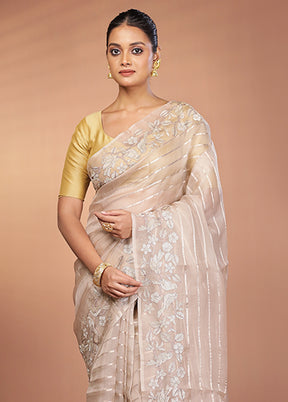 Cream Handloom Pure Organza Saree With Blouse Piece