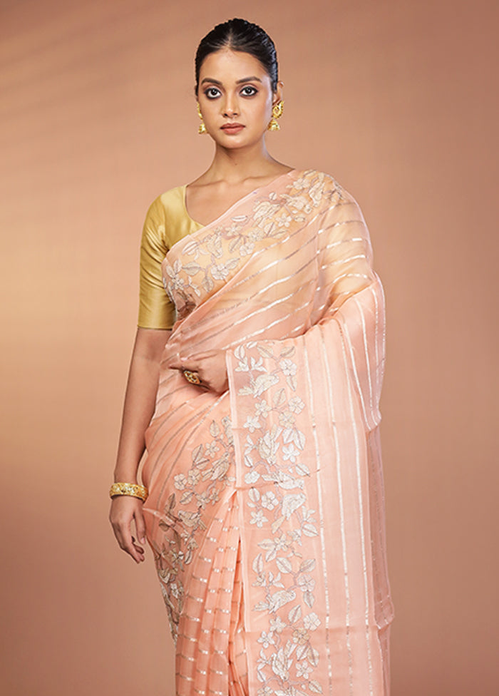 Pink Handloom Pure Organza Saree With Blouse Piece