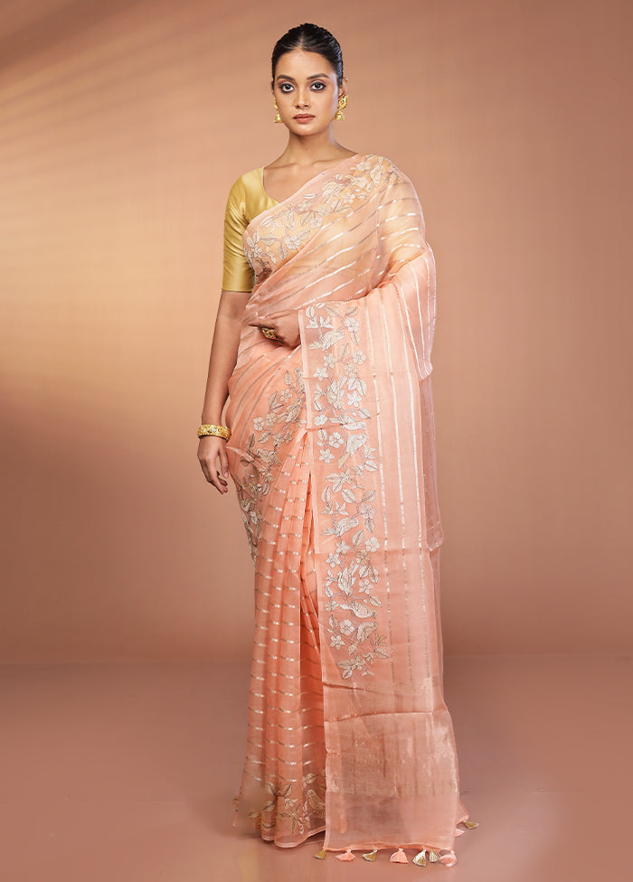 Pink Handloom Pure Organza Saree With Blouse Piece