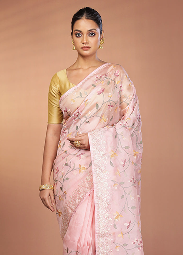 Pink Handloom Pure Organza Saree With Blouse Piece