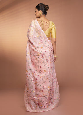 Pink Handloom Pure Organza Saree With Blouse Piece