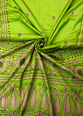 Green Kantha Stitch Silk Saree With Blouse Piece