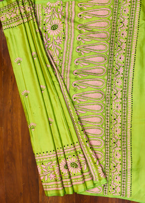 Green Kantha Stitch Silk Saree With Blouse Piece