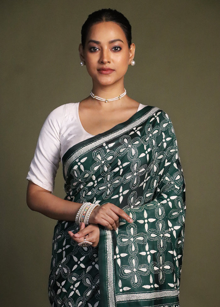 Green Kantha Stitch Silk Saree With Blouse Piece