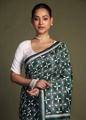 Green Kantha Stitch Silk Saree With Blouse Piece