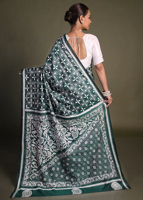 Green Kantha Stitch Silk Saree With Blouse Piece