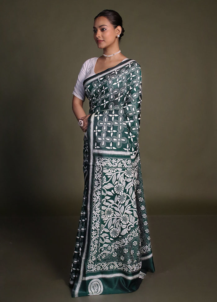 Green Kantha Stitch Silk Saree With Blouse Piece