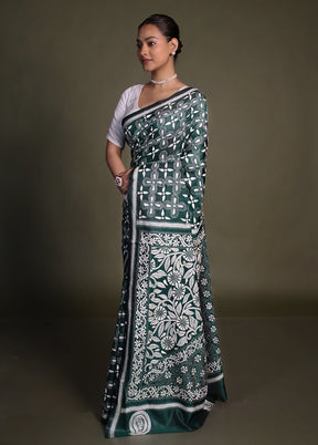 Green Kantha Stitch Silk Saree With Blouse Piece