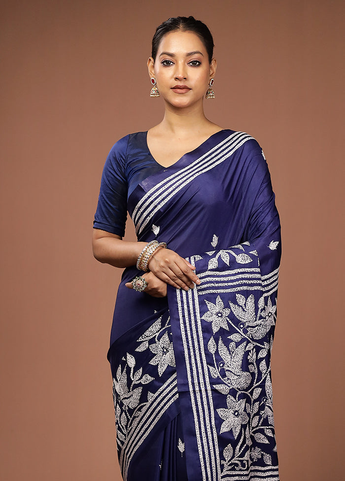 Blue Kantha Stitch Silk Saree With Blouse Piece