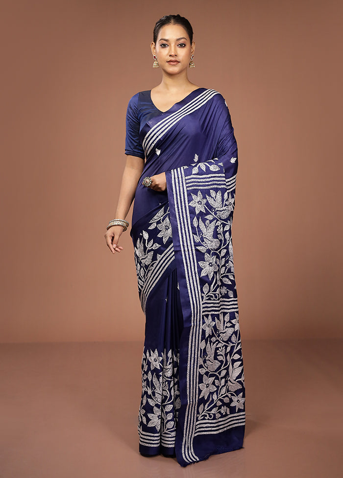 Blue Kantha Stitch Silk Saree With Blouse Piece