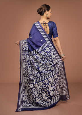 Blue Kantha Stitch Silk Saree With Blouse Piece