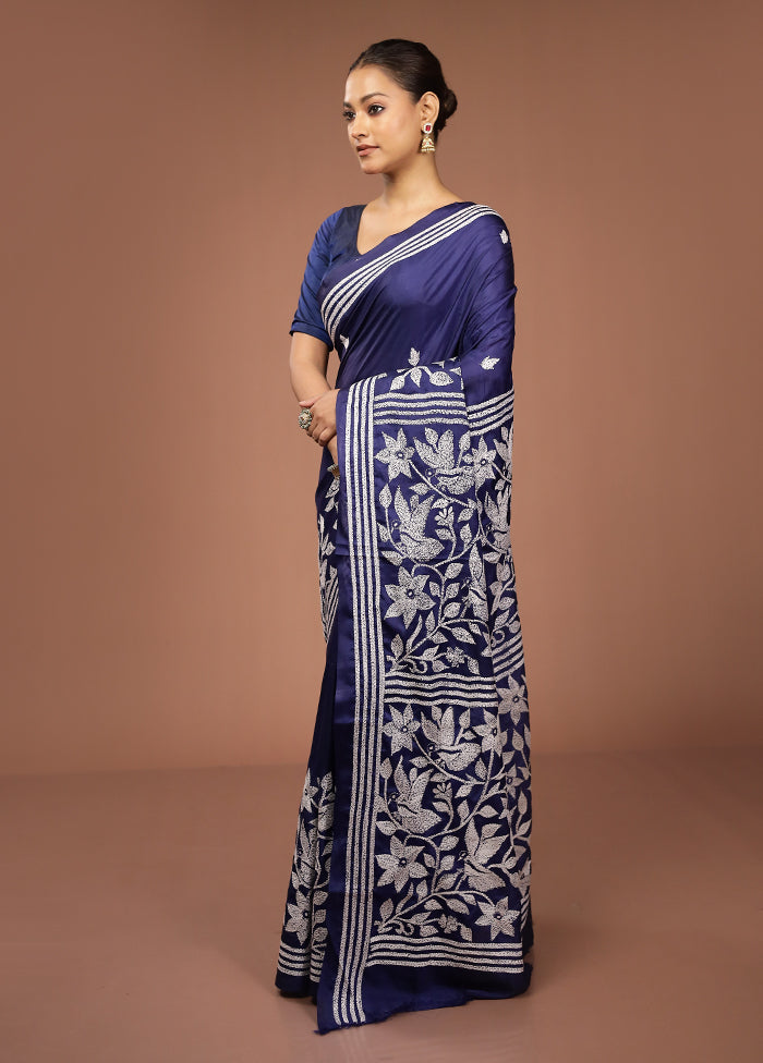 Blue Kantha Stitch Silk Saree With Blouse Piece