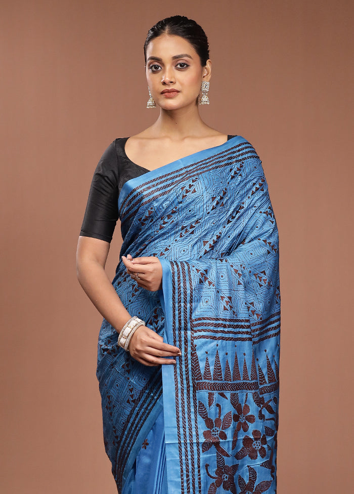 Blue Kantha Stitch Silk Saree With Blouse Piece