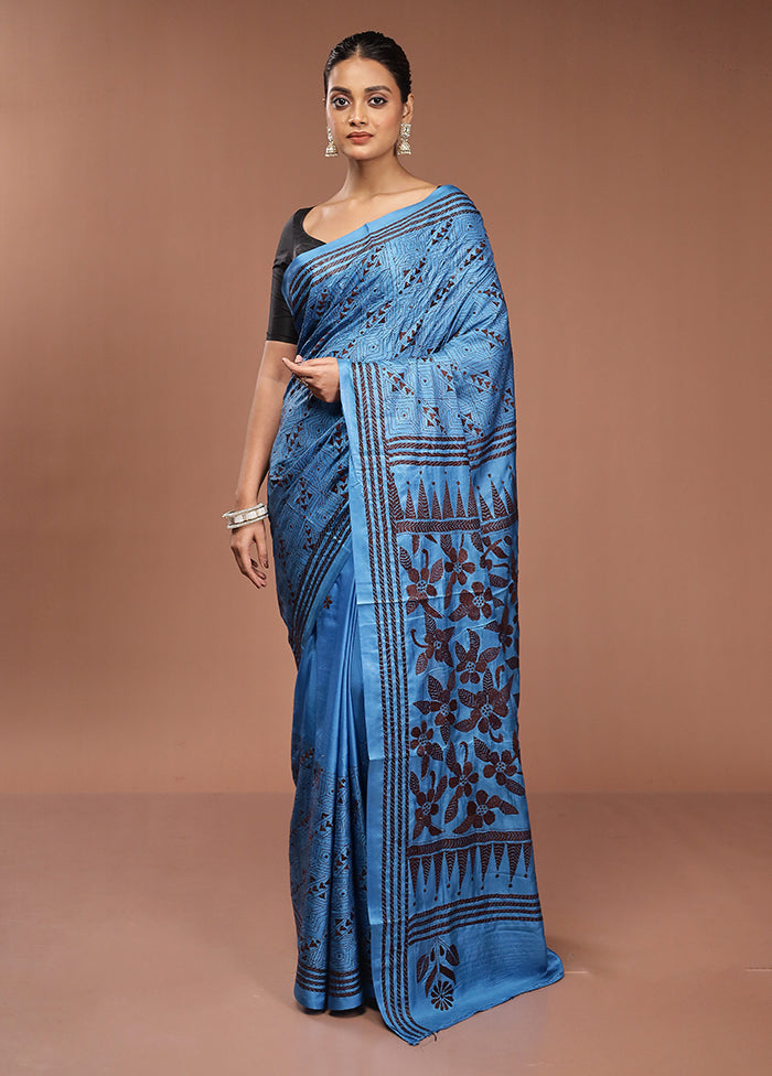 Blue Kantha Stitch Silk Saree With Blouse Piece