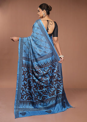 Blue Kantha Stitch Silk Saree With Blouse Piece
