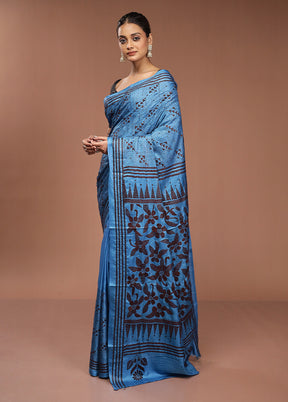 Blue Kantha Stitch Silk Saree With Blouse Piece
