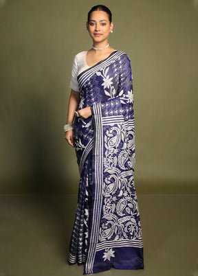 Blue Kantha Stitch Silk Saree With Blouse Piece