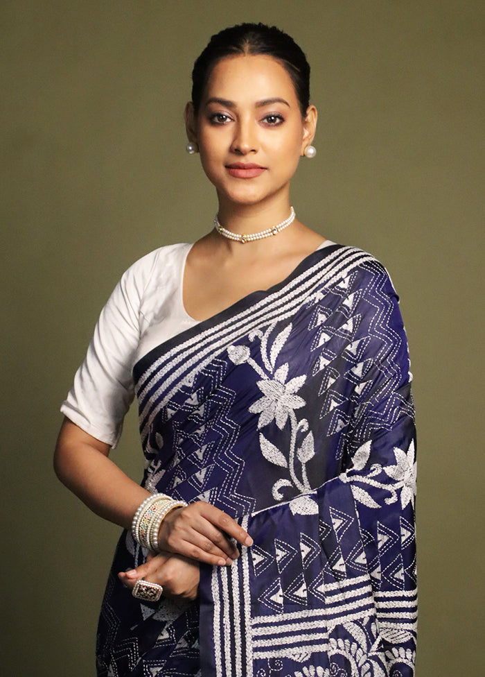 Blue Kantha Stitch Silk Saree With Blouse Piece