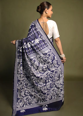 Blue Kantha Stitch Silk Saree With Blouse Piece