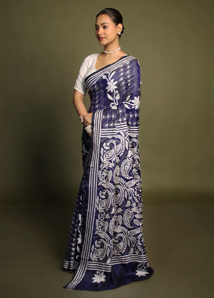 Blue Kantha Stitch Silk Saree With Blouse Piece