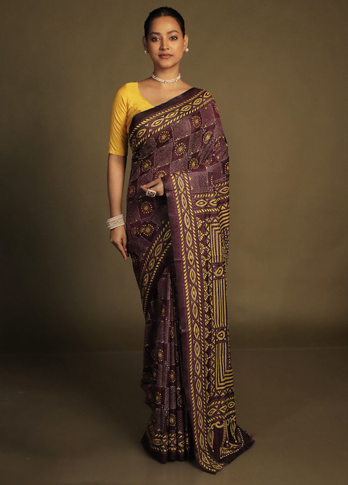 Purple Kantha Stitch Silk Saree With Blouse Piece