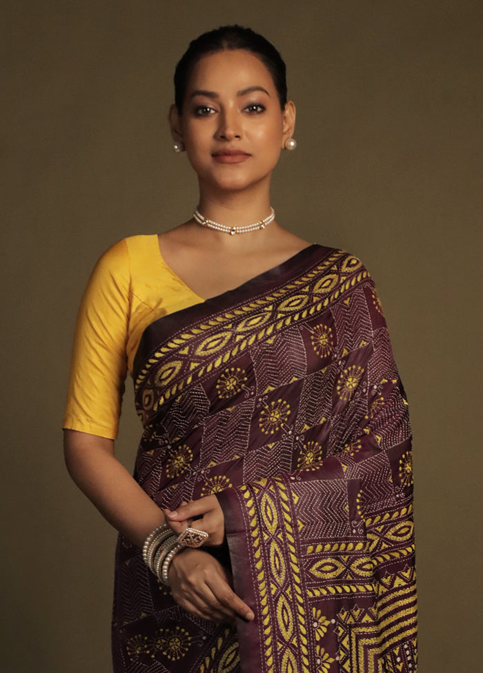 Purple Kantha Stitch Silk Saree With Blouse Piece