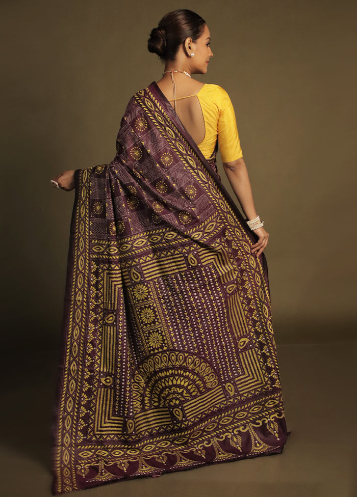 Purple Kantha Stitch Silk Saree With Blouse Piece