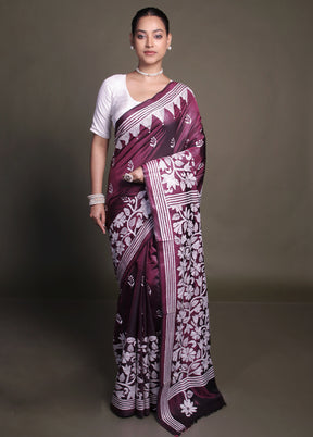 Purple Kantha Stitch Silk Saree With Blouse Piece