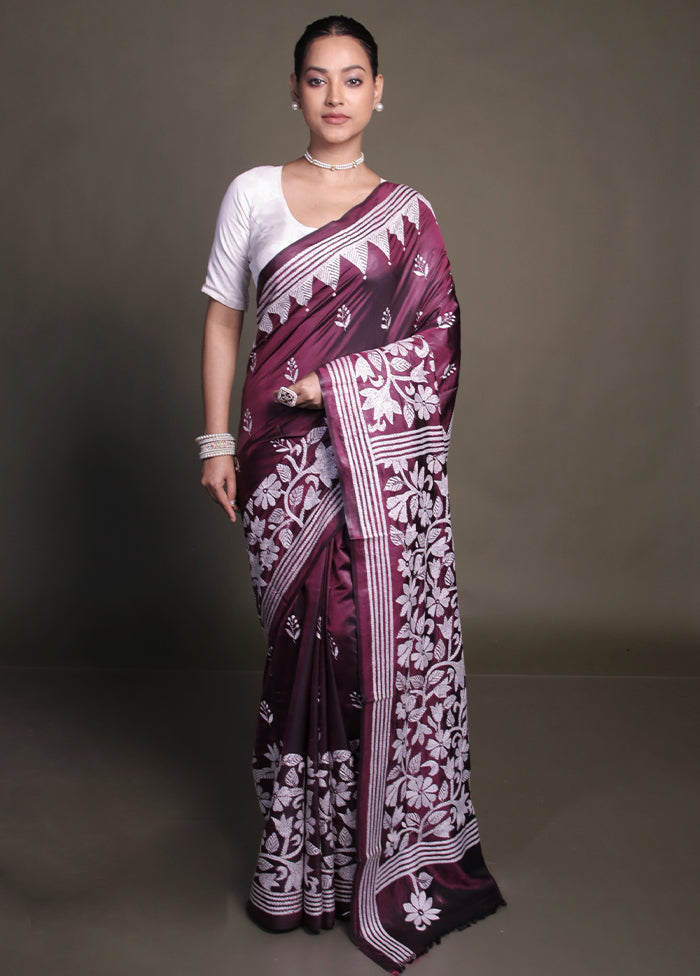 Purple Kantha Stitch Silk Saree With Blouse Piece
