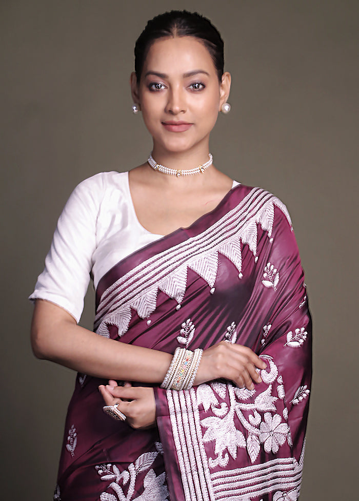 Purple Kantha Stitch Silk Saree With Blouse Piece