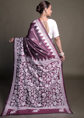 Purple Kantha Stitch Silk Saree With Blouse Piece