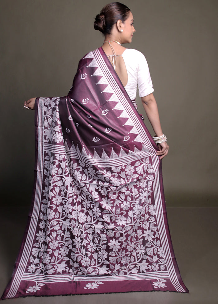 Purple Kantha Stitch Silk Saree With Blouse Piece