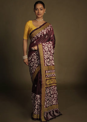 Purple Kantha Stitch Silk Saree With Blouse Piece