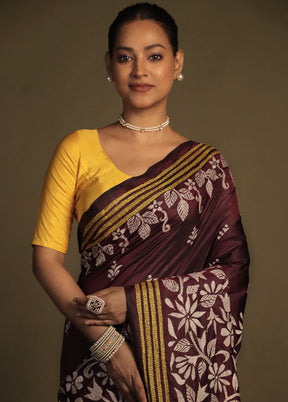 Purple Kantha Stitch Silk Saree With Blouse Piece