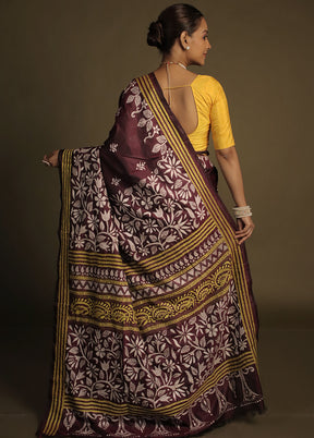 Purple Kantha Stitch Silk Saree With Blouse Piece